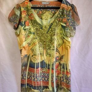 Unity World Wear Blouse Tan and Green Chiffon Ruffle Gem embellished Scoop neck